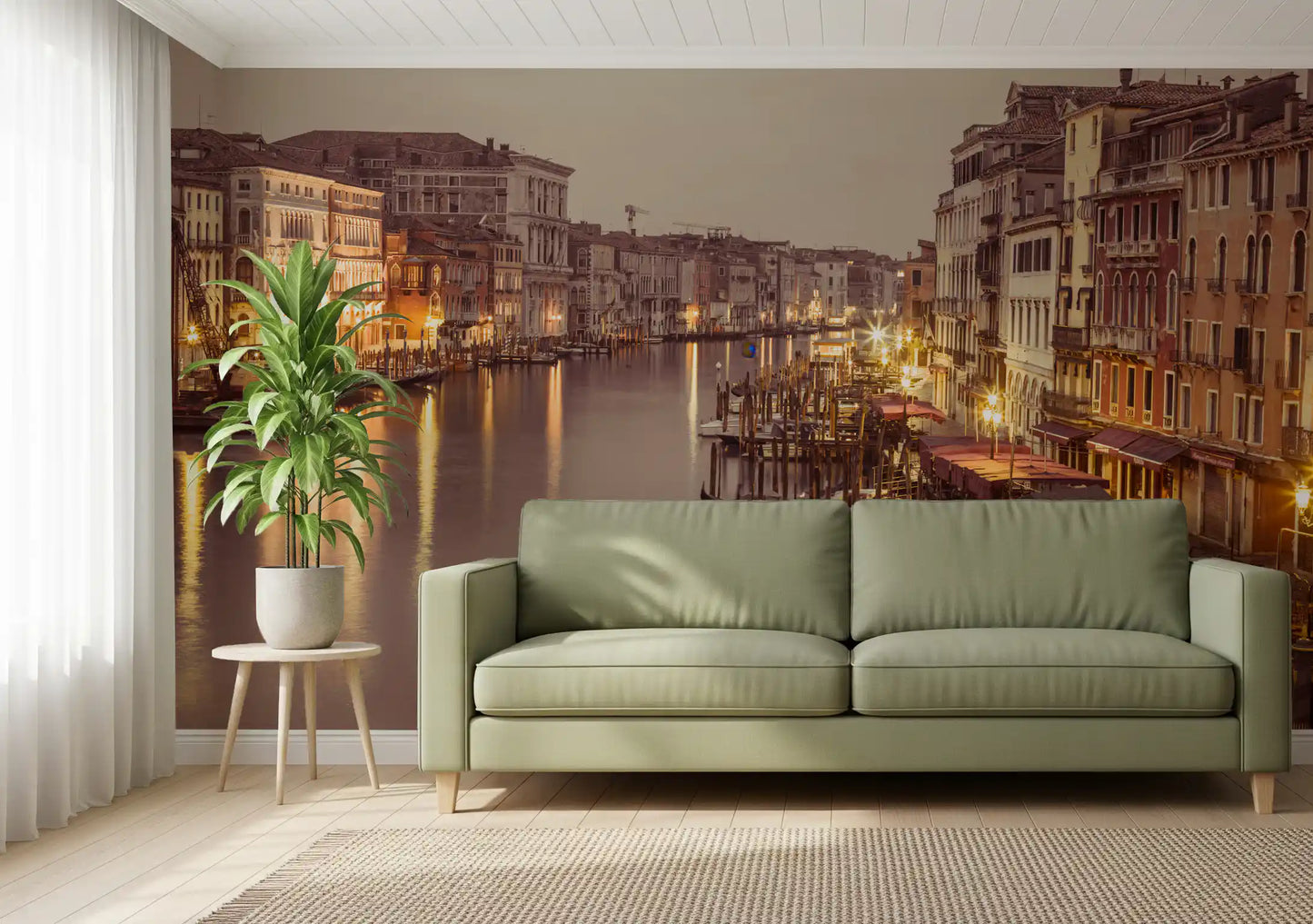 Yellow lamplight spills from old palazzos into the still water in this Canal wall mural