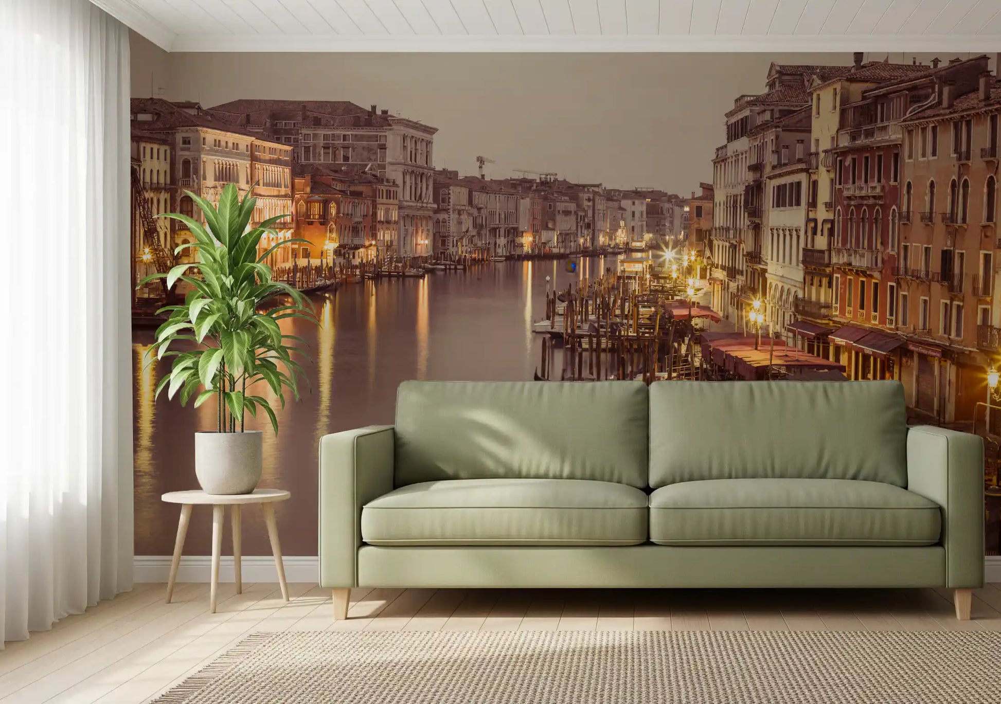 Yellow lamplight spills from old palazzos into the still water in this Canal wall mural