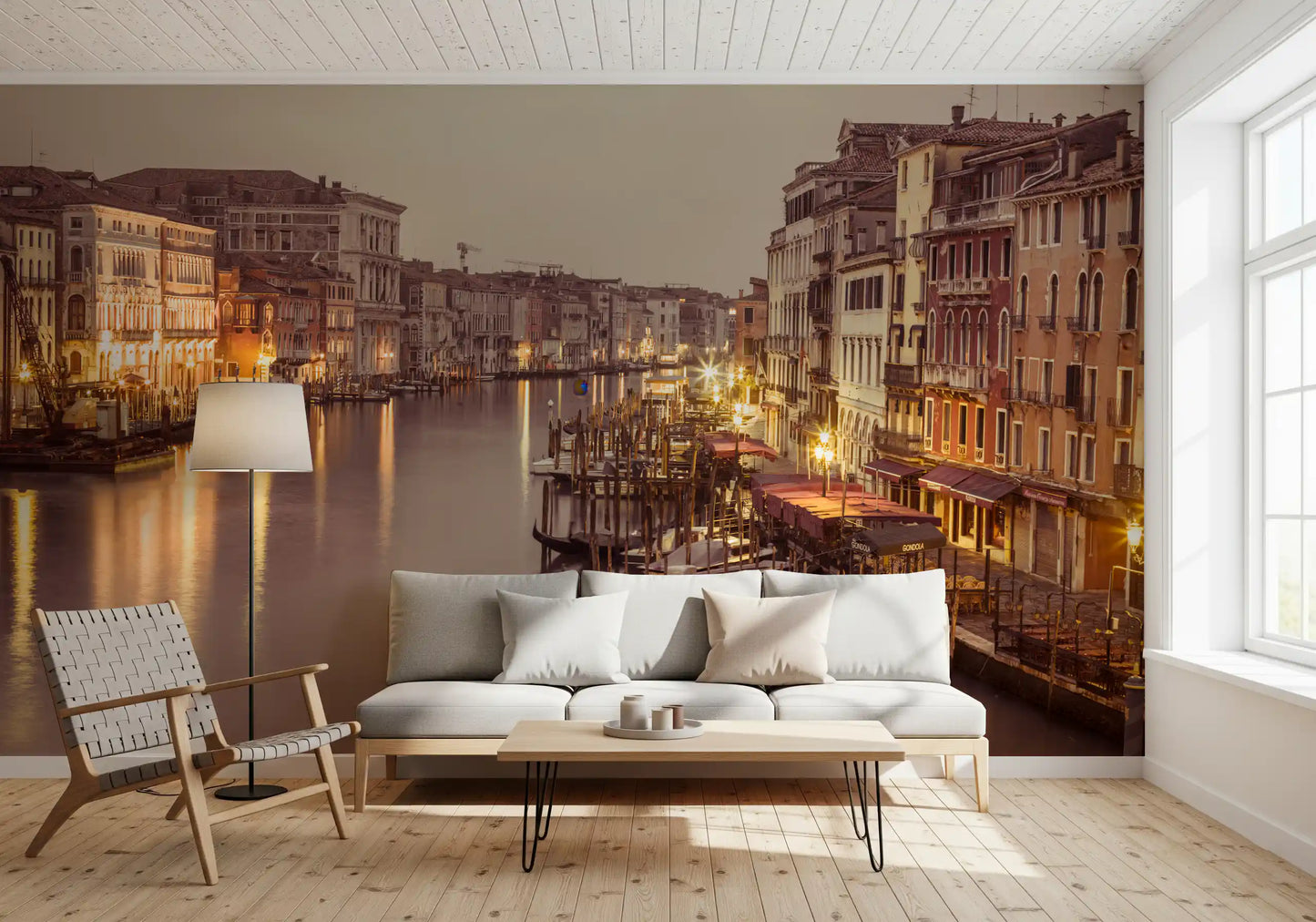 Glass-flat water doubles each lantern and window in this Grand Glow wall mural