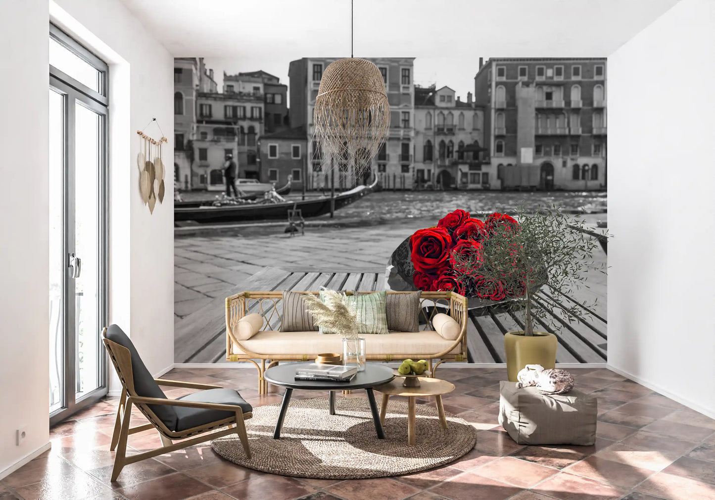 Monochrome backdrop in the Red Roses, Grey Venice wall mural trails down a hallway.