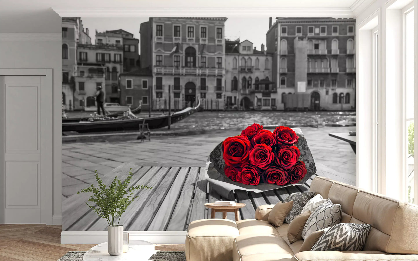 Vivid bouquet on the Red Roses, Grey Venice wall mural ignites a lounge.