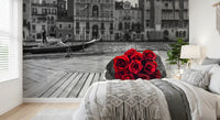 Selective hue marks the Red Roses, Grey Venice wall mural for cinematic impact.