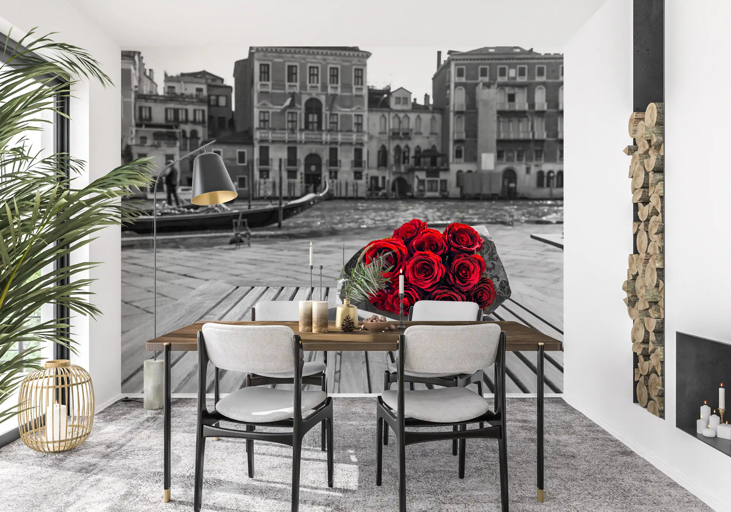 Scarlet blooms occupy front and centre of the Red Roses, Grey Venice wall mural.