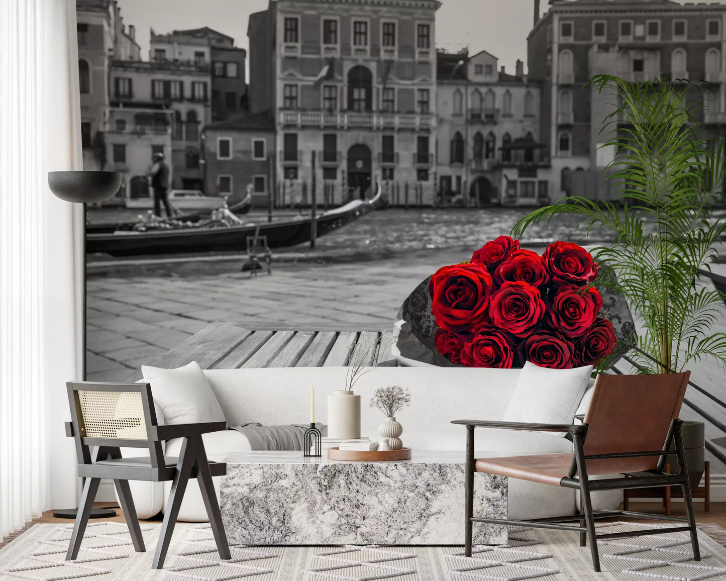 Bouquet centers a Living room on the Red Roses, Grey Venice wall mural.