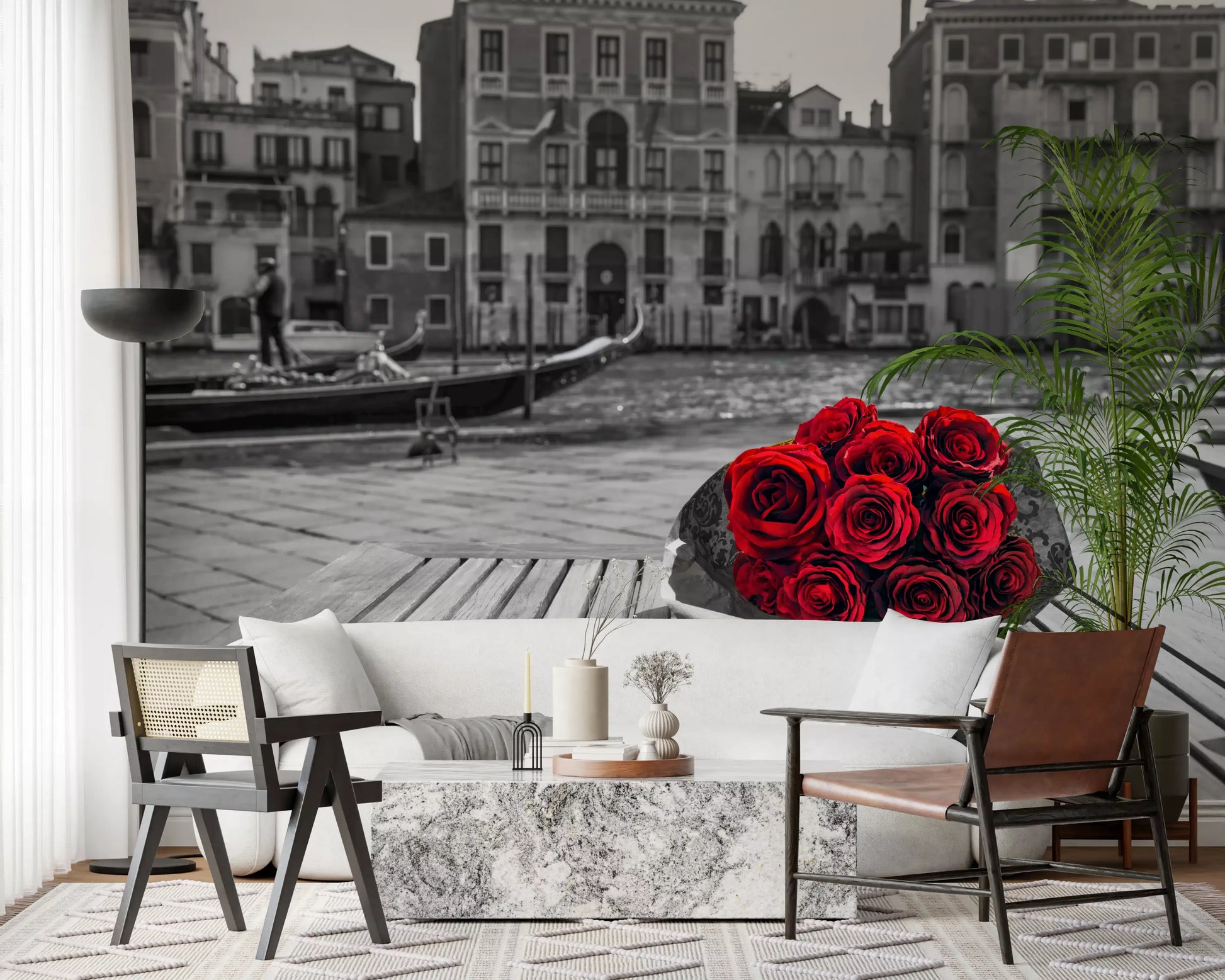 Bouquet centers a Living room on the Red Roses, Grey Venice wall mural.