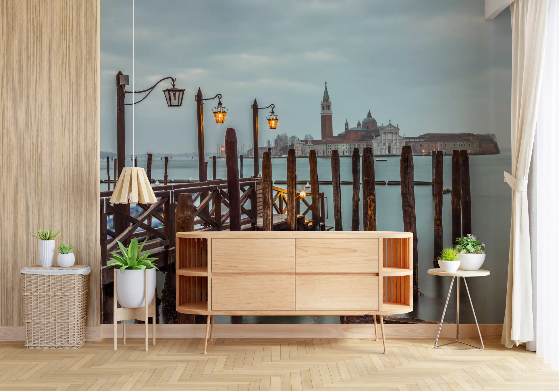 Overcast grey palette holds a Hallway  in stillness beneath this Pier wall mural