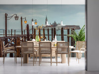 Weathered timber pilings dot the right side of the Venetian wall mural composition