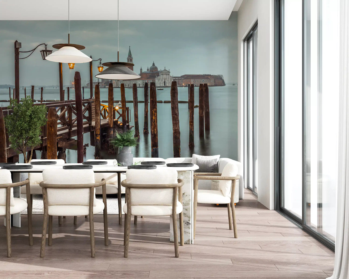 Two wrought-iron lanterns glow yellow at the start of this Venetian Pier wall mural