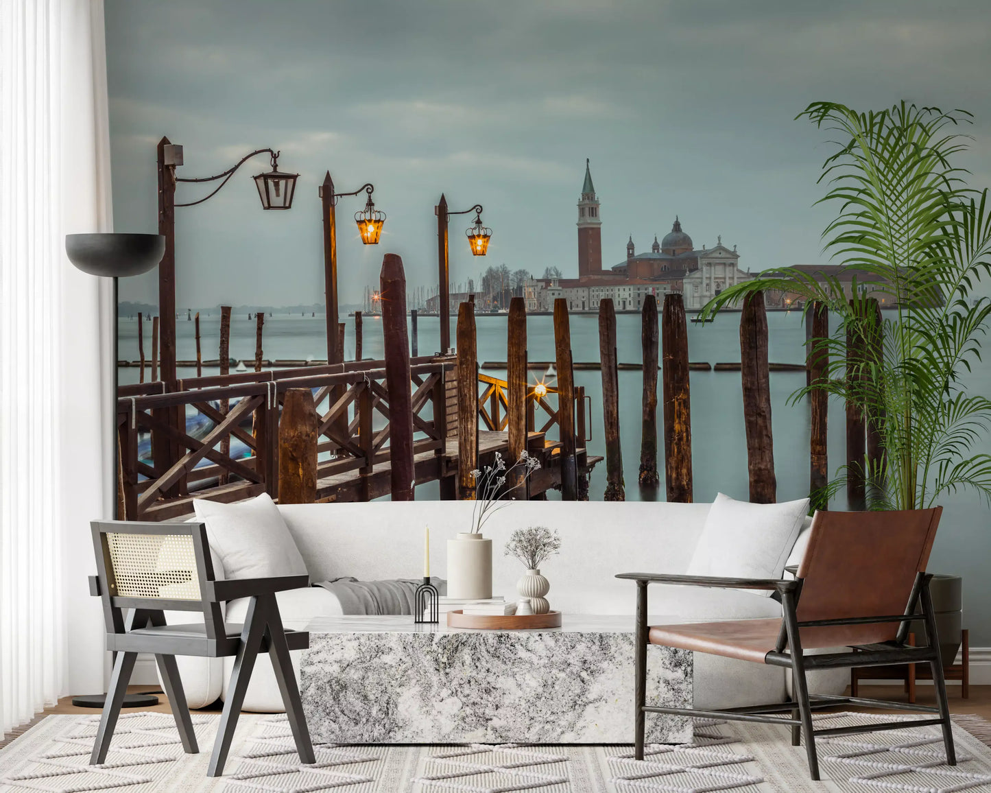 Misty Venice horizon takes a lounge into hushed mood with this Pier wall mural