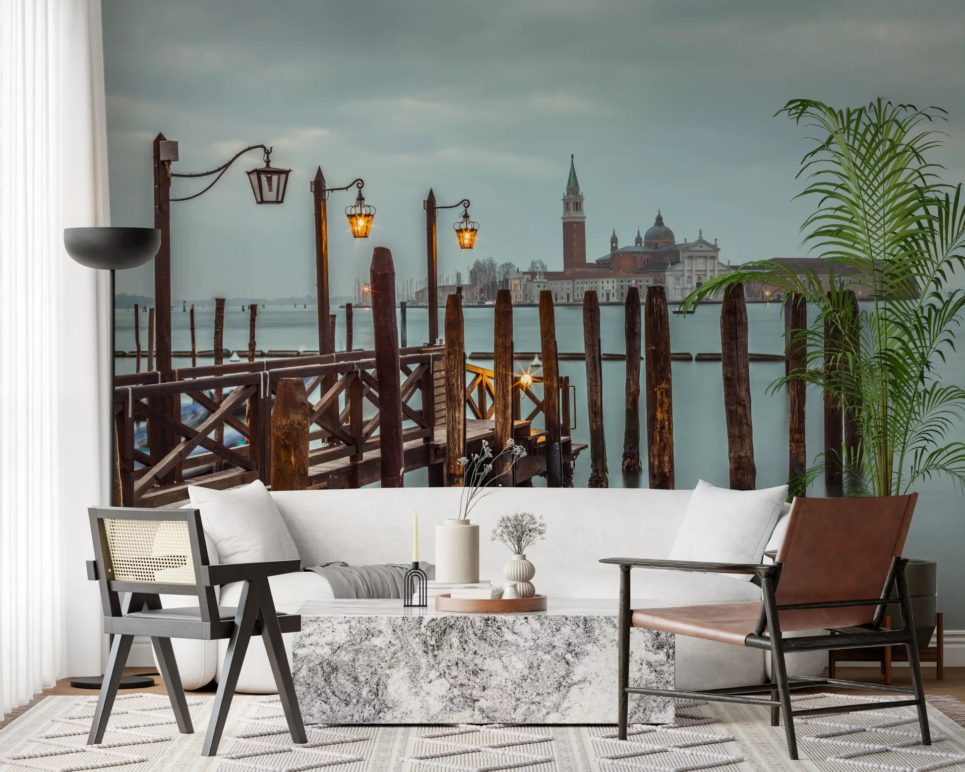 Misty Venice horizon takes a lounge into hushed mood with this Pier wall mural