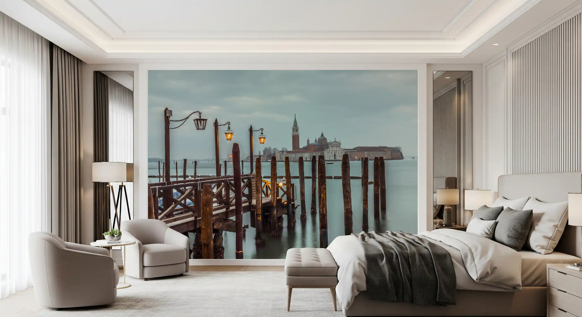 Mooring posts rise in long rows from still lagoon water in this Twilight Pier wall mural