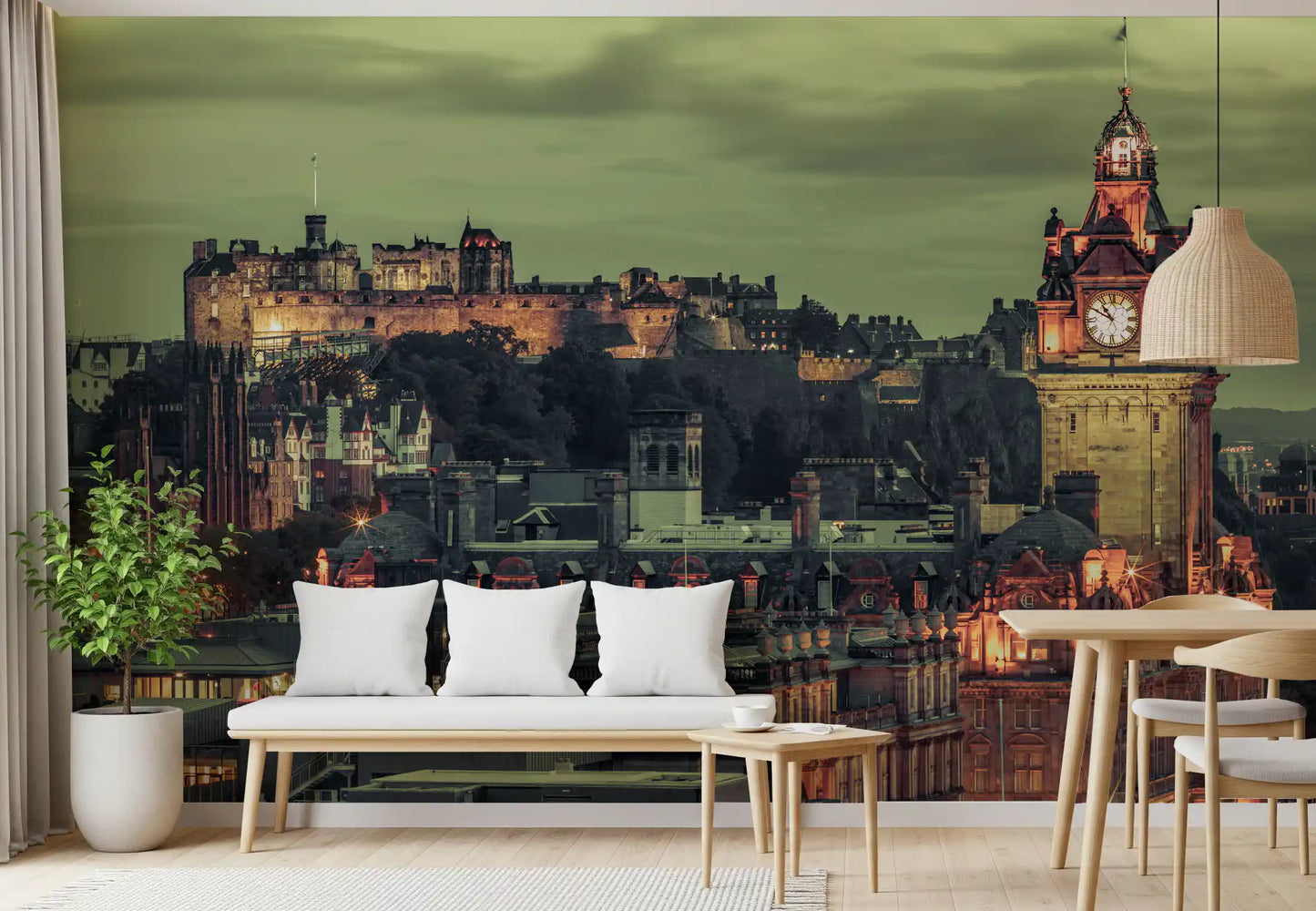 Amber and yellow tones light up windows across this Edinburgh wall mural's structure.