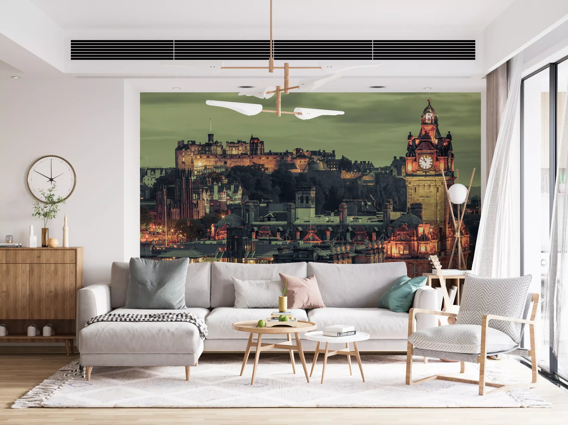 Climbing across the Living room is the Edinburgh Castle & Clock Tower wall mural's skyline.