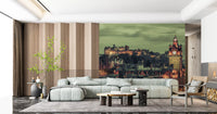 Tall gothic clock tower with flagpole rises in this Edinburgh Grandeur wall mural scene.