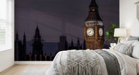 Purple sky and lit spires from this Twilight Over Big Ben wall mural reach a bedroom.