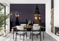 Sharp gothic spires of the clock tower climb across the Twilight Over Big Ben wall mural.