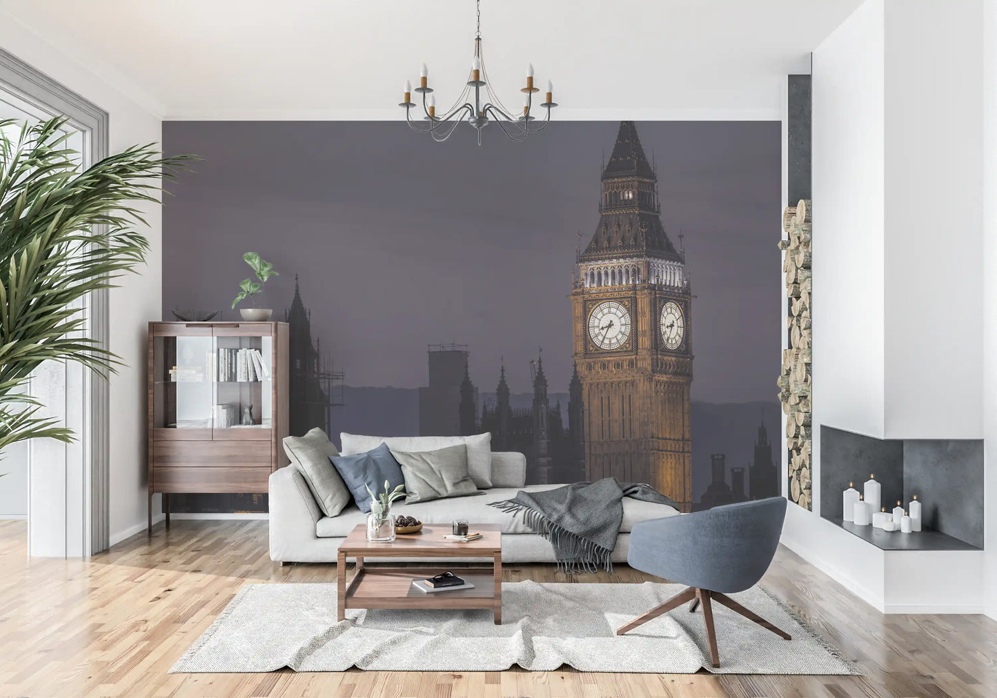 Mauve cloud bands fall over the lit spires on the Twilight Over Big Ben wall mural.