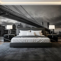 Manhattan skyline meets the Bedroom  behind this Brooklyn Bridge wall mural