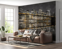 Skyscrapers stand in golden light on the NYC Nightscape wall mural.