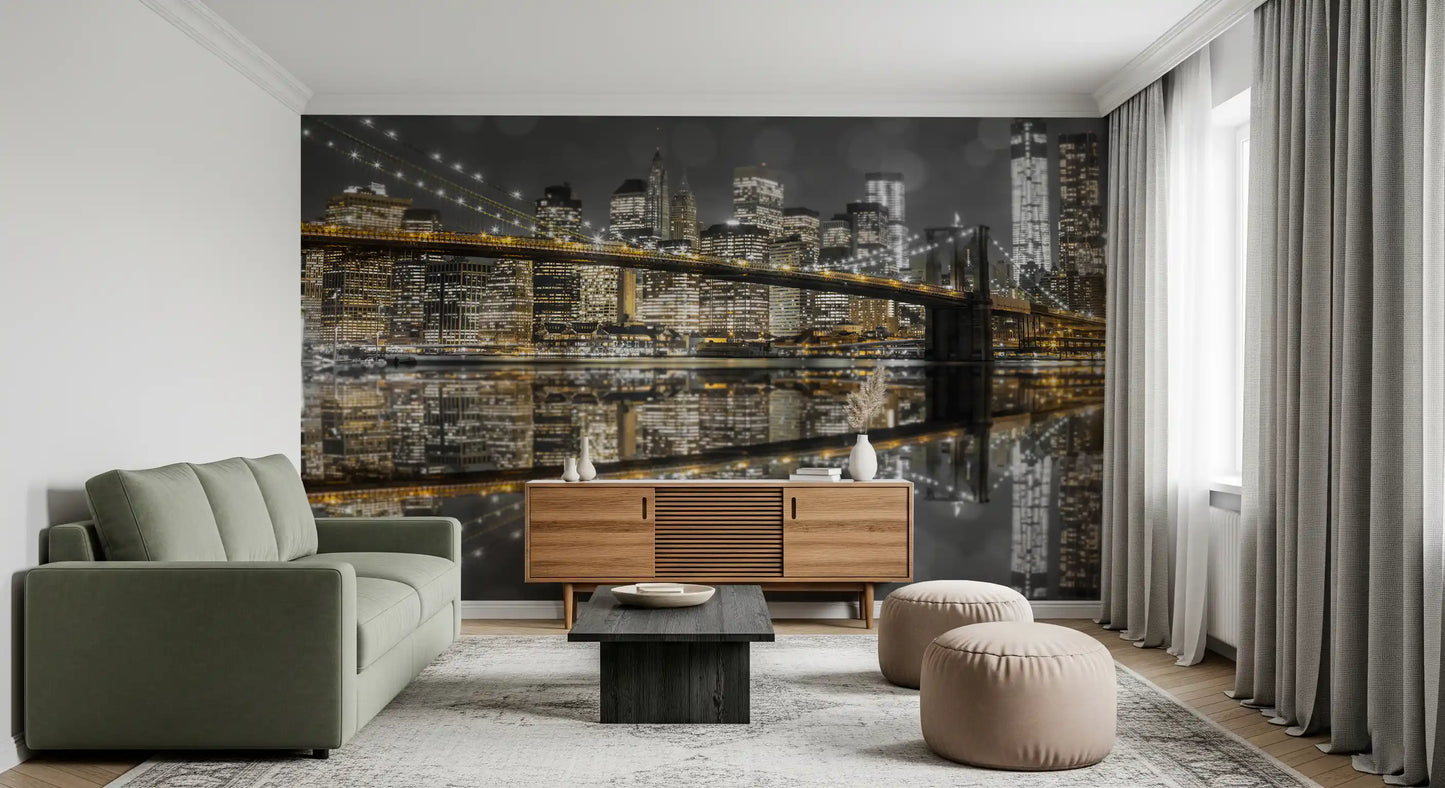 Amber pinpoints dot a lounge from the NYC Nightscape wall mural.