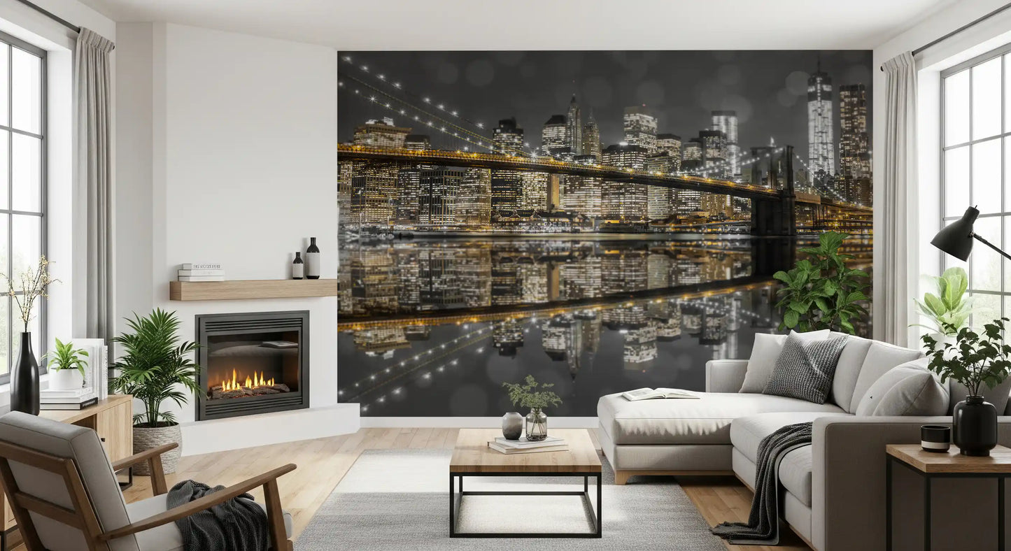 Mirrored skyline of the Gold & Gray Nightscape wall mural floods a sitting room.