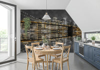 Manhattan in the City of Gold & Gray wall mural glows beside a Kitchen and dining room.