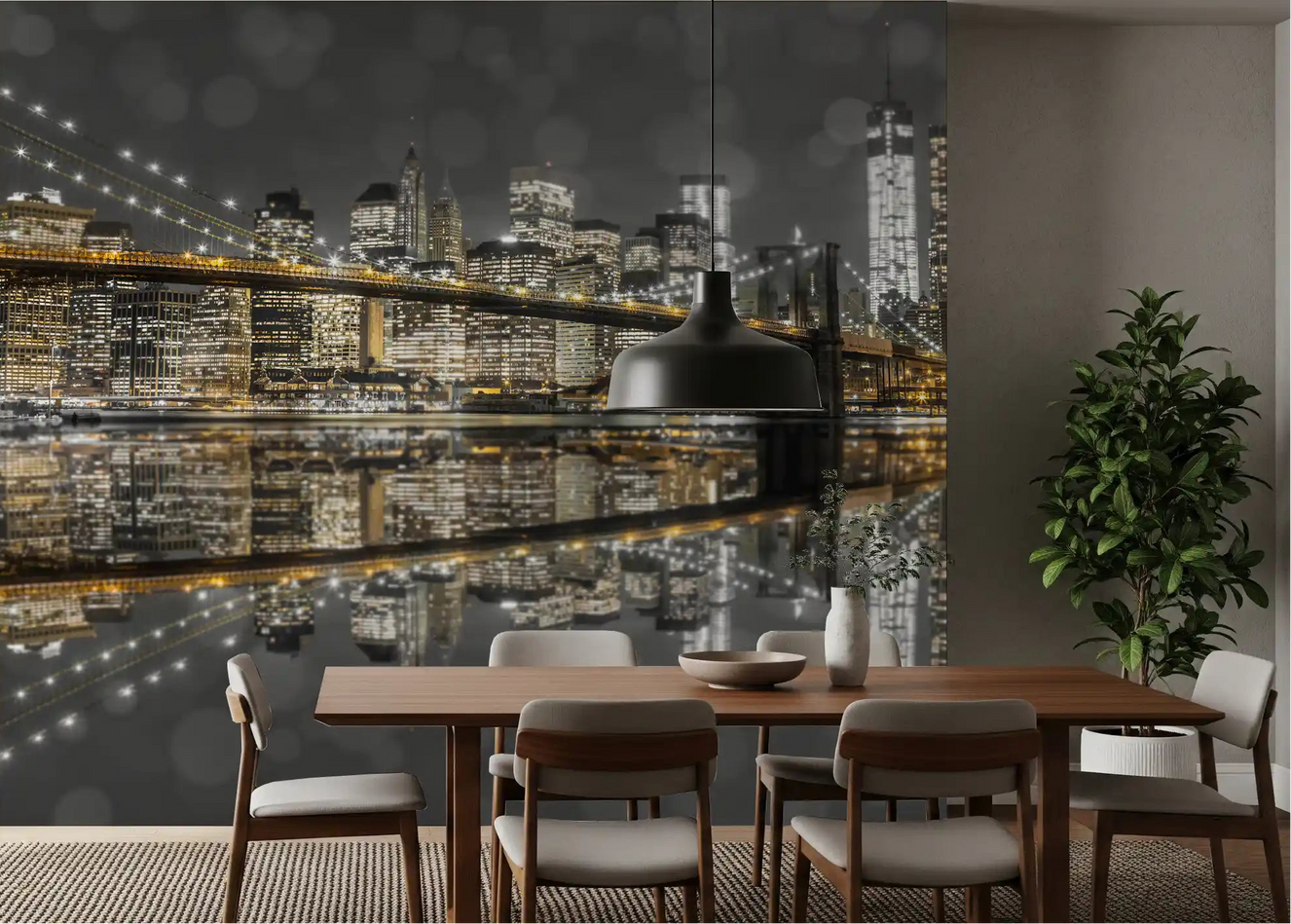 Bridge in the NYC Nightscape wall mural spans a dining room view.