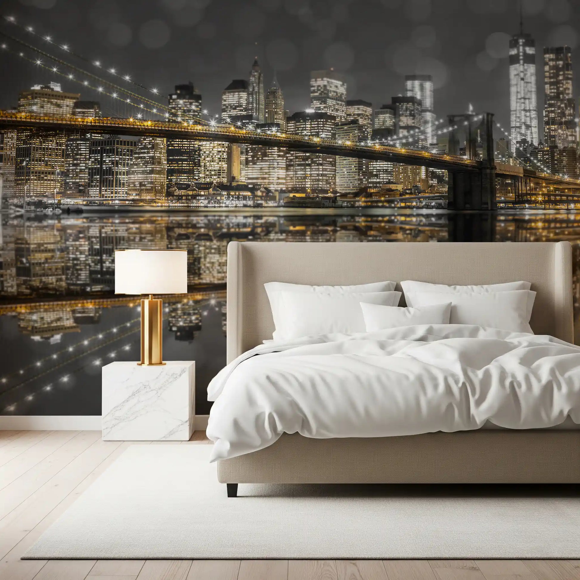 Lit window grids fleck the NYC Nightscape wall mural with quiet detail.