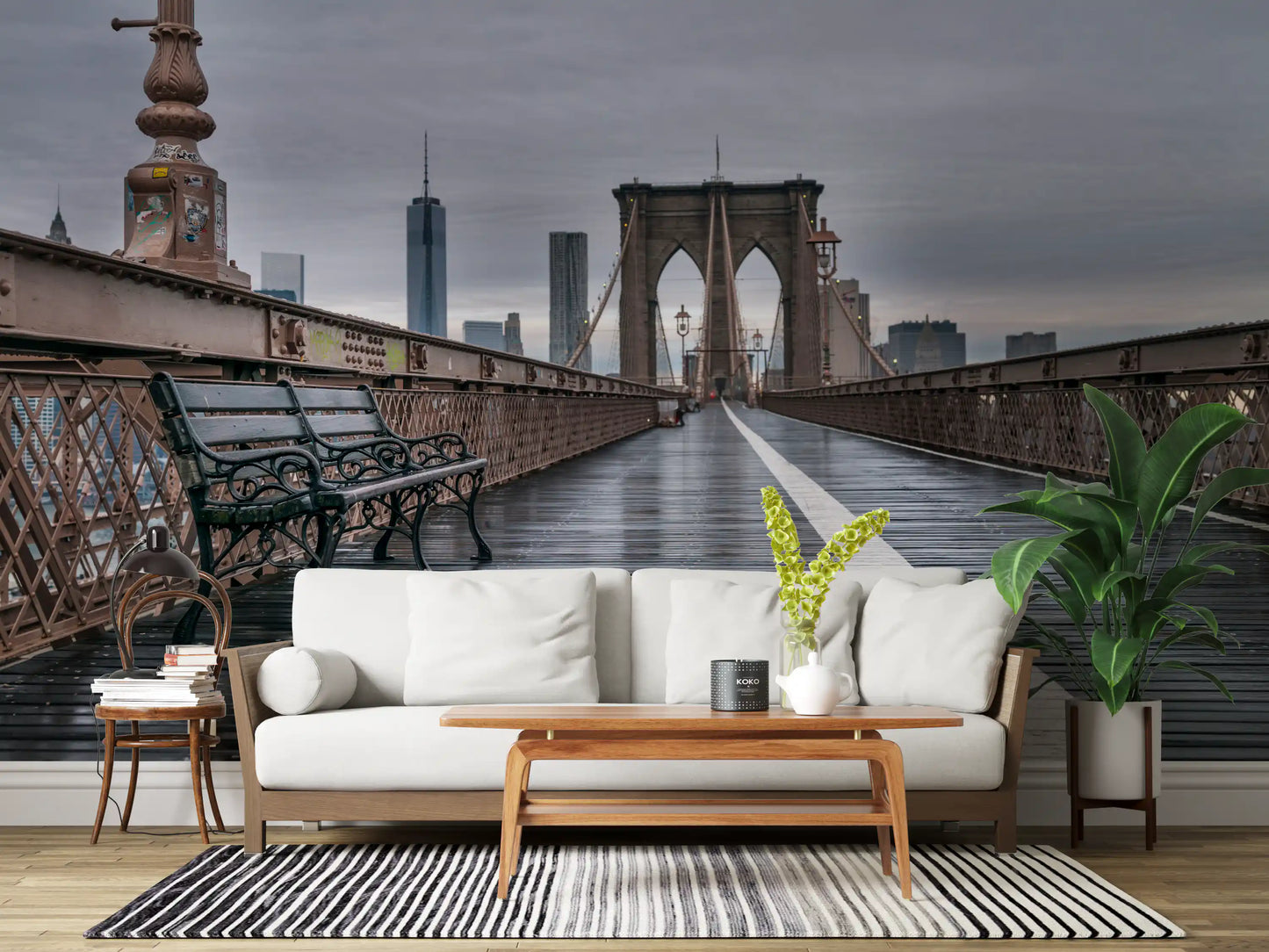 Stone bridge arches and lamp post add architecture to a lounge, Brooklyn wall mural