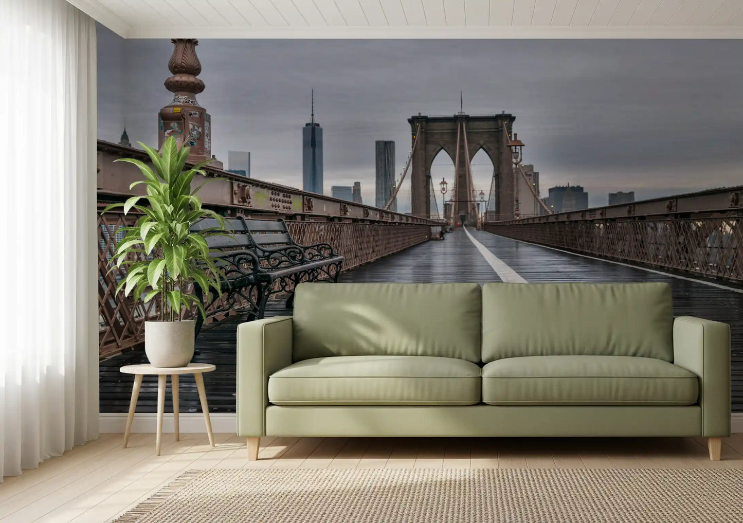Damp wooden planks reflect grey overcast sky in the Brooklyn Bridge wall mural foreground