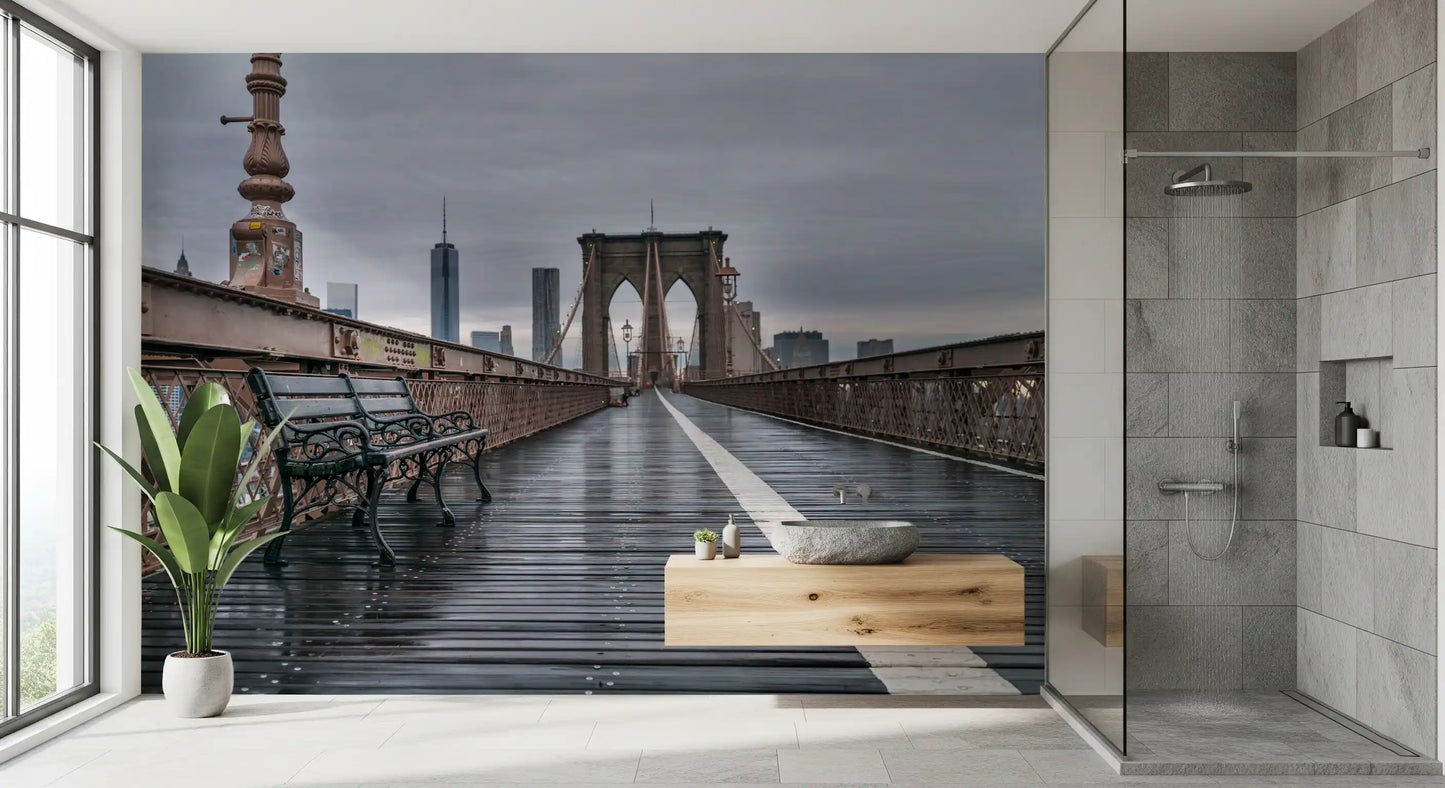 Center painted stripe runs the length of the boardwalk in this Brooklyn wall mural