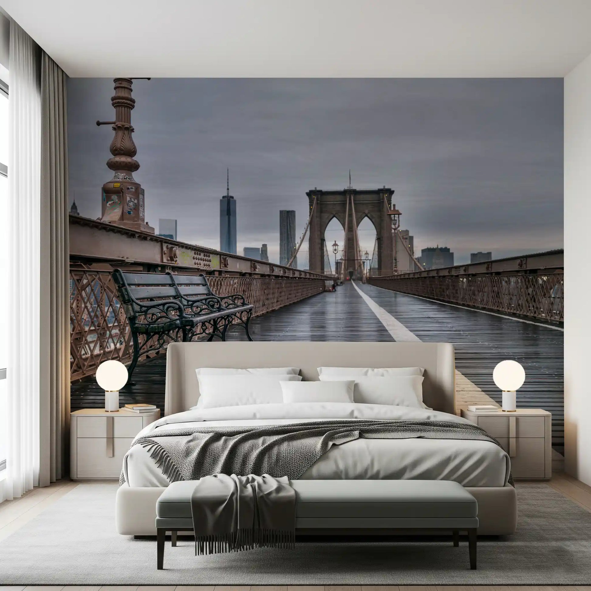 Cables form long V-shapes over the walkway in this Brooklyn Bridge Serenity wall mural