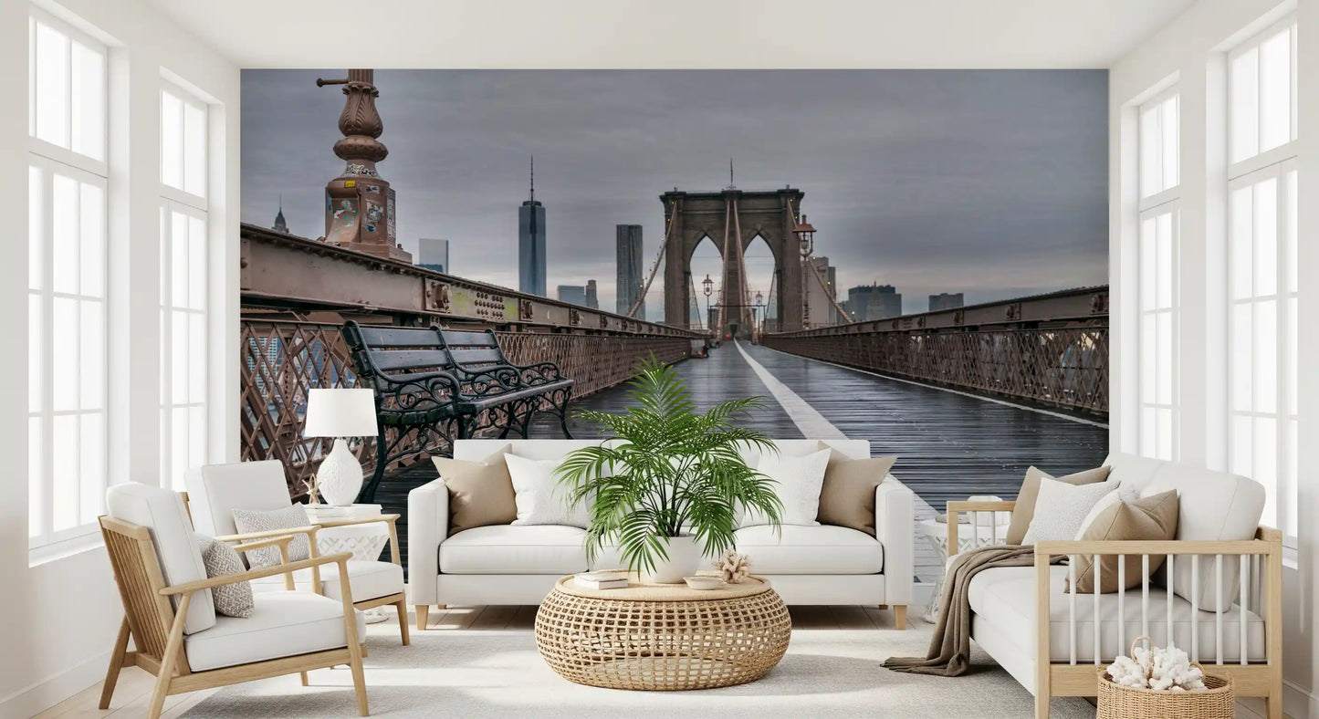 Skyline view and bridge towers stretch behind a Hallway with this Brooklyn wall mural