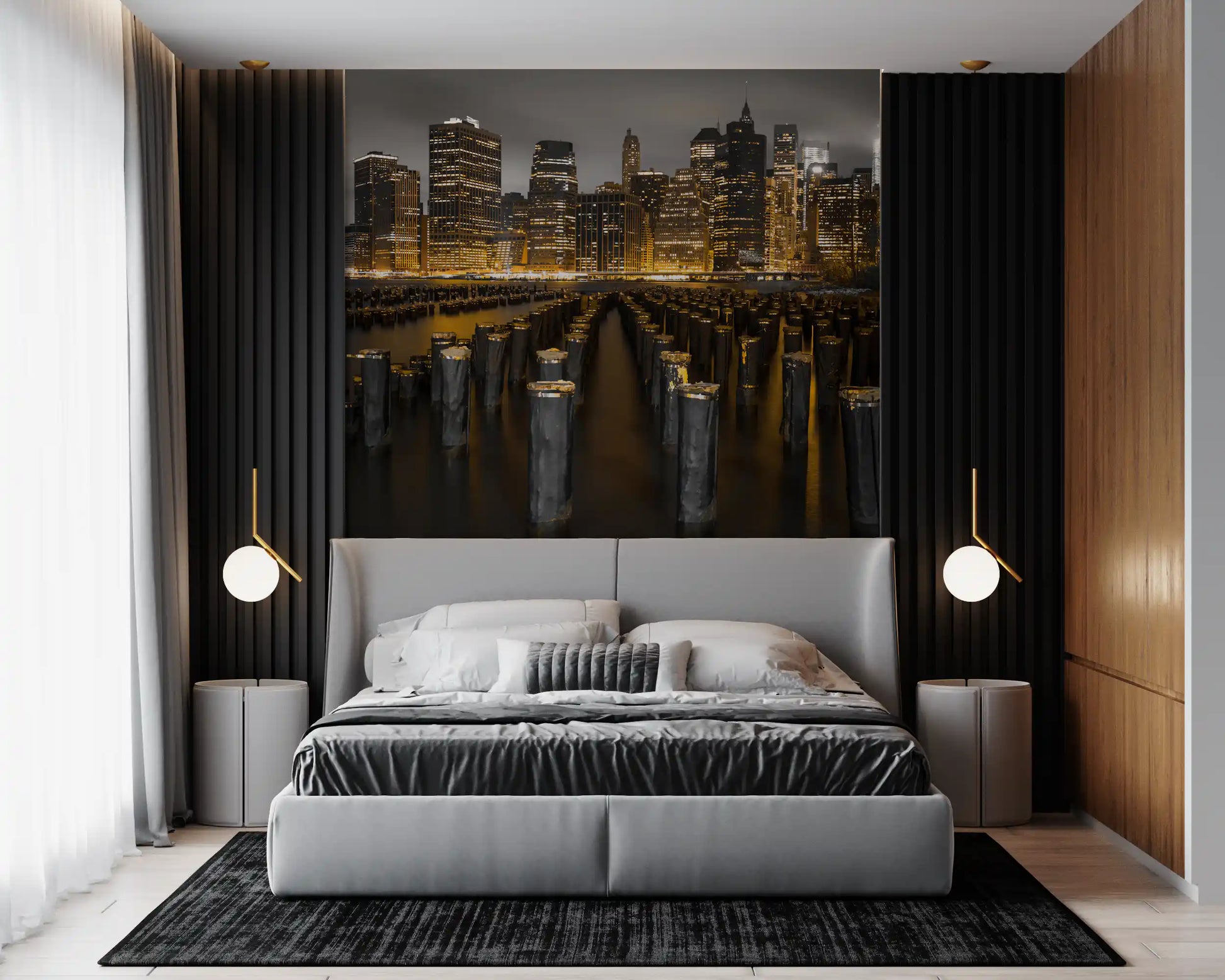 A Golden Skyline Contrast wall mural adding depth to the Bedroom area