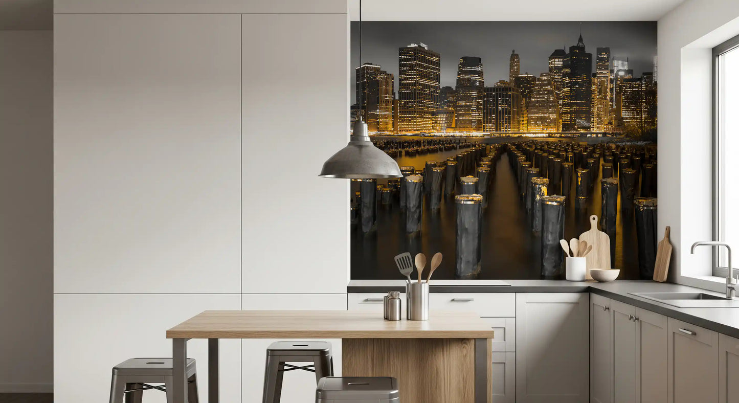 Monochrome clouds hover above the metropolis in the Contrast wall mural