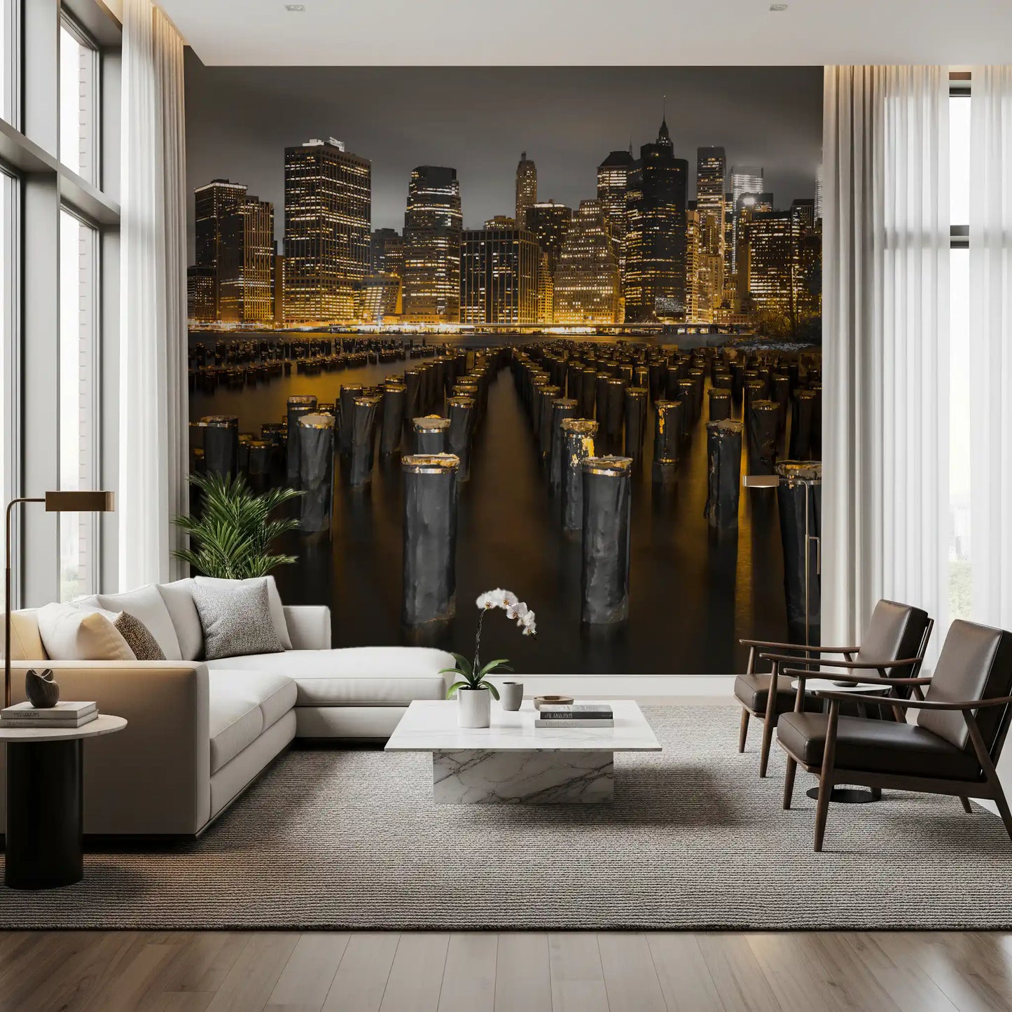 Golden Skyline Contrast wall mural displaying river reflections across a quiet lounge