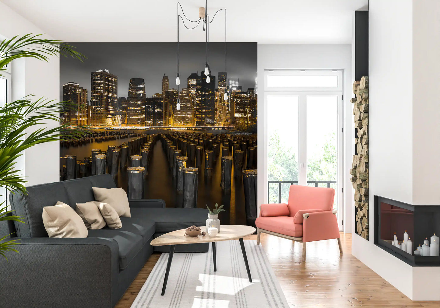 Dark river waters and wooden posts characterize this Skyline wall mural