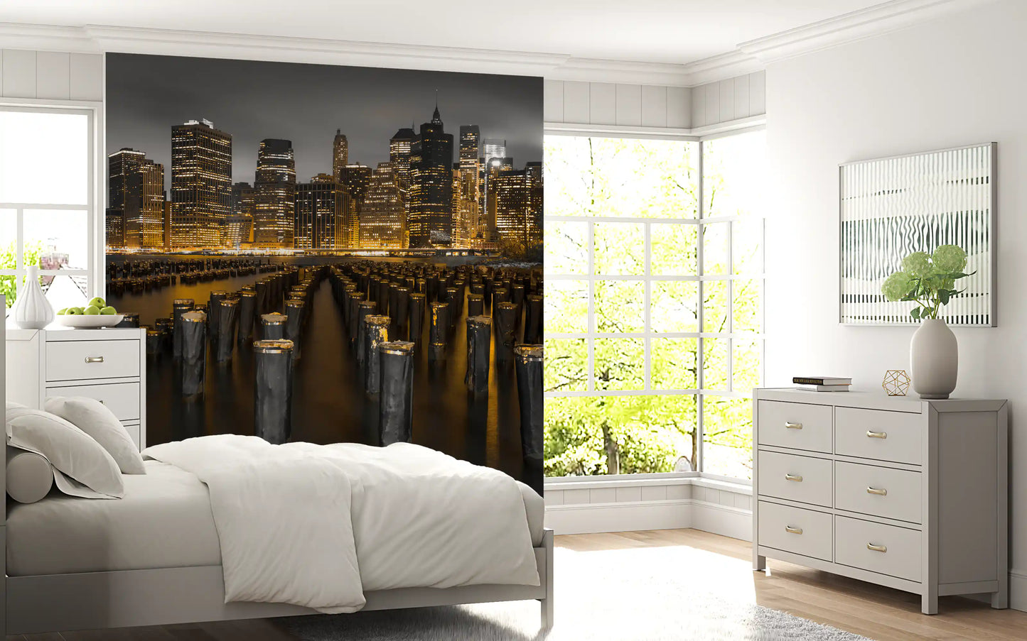 Golden Skyline Contrast wall mural featuring towering skyscrapers at night