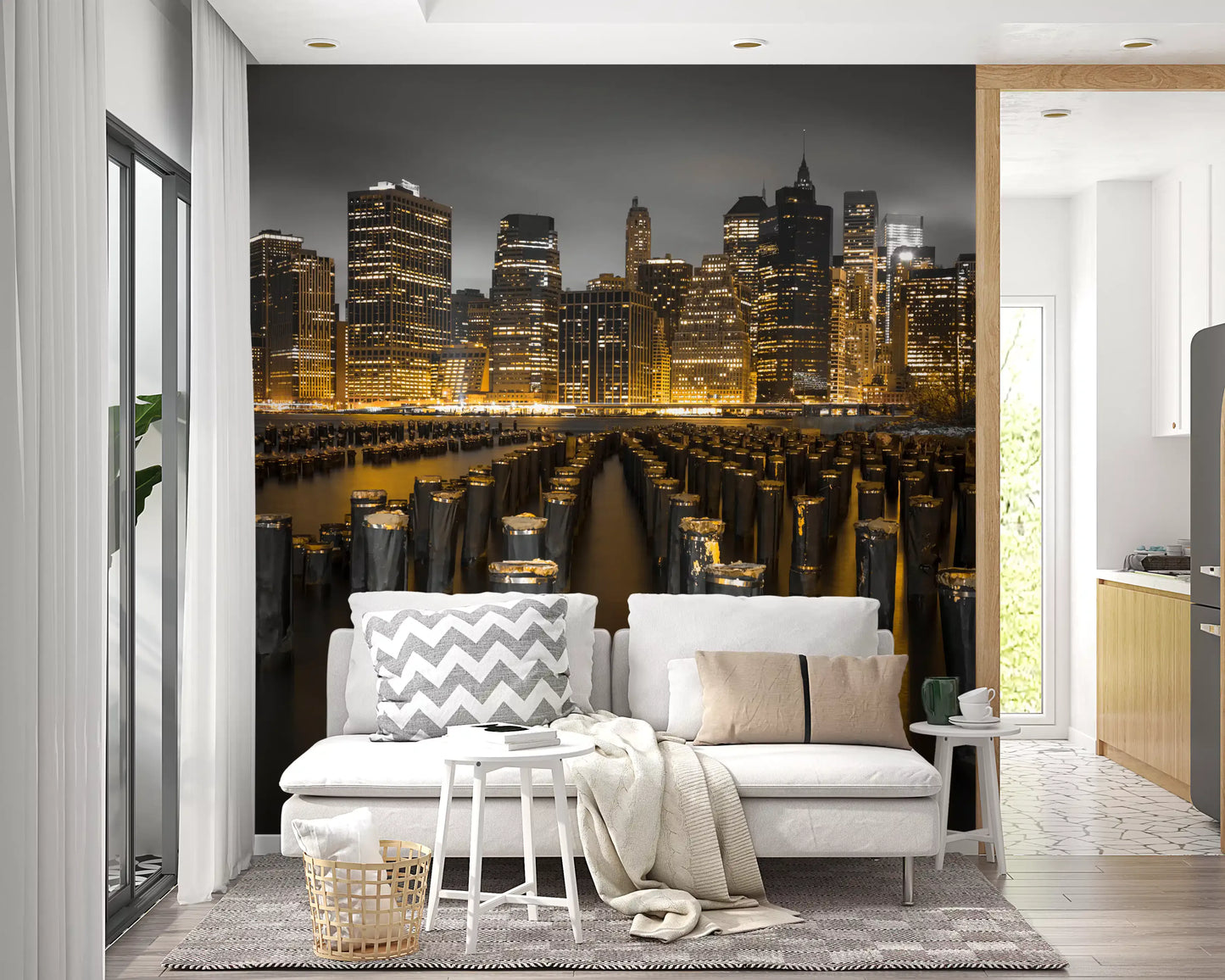 Urban Skyline wall mural filling the background of a spacious living room