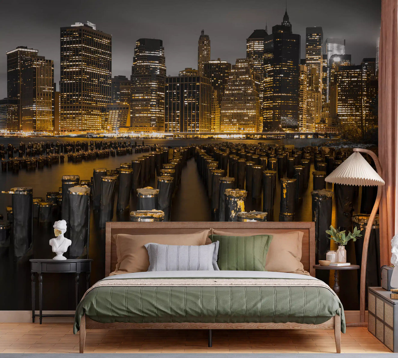 Golden Skyline Contrast wall mural illuminating a modern bedroom interior