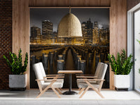 The Contrast wall mural adds nighttime metropolis energy into a dining zone