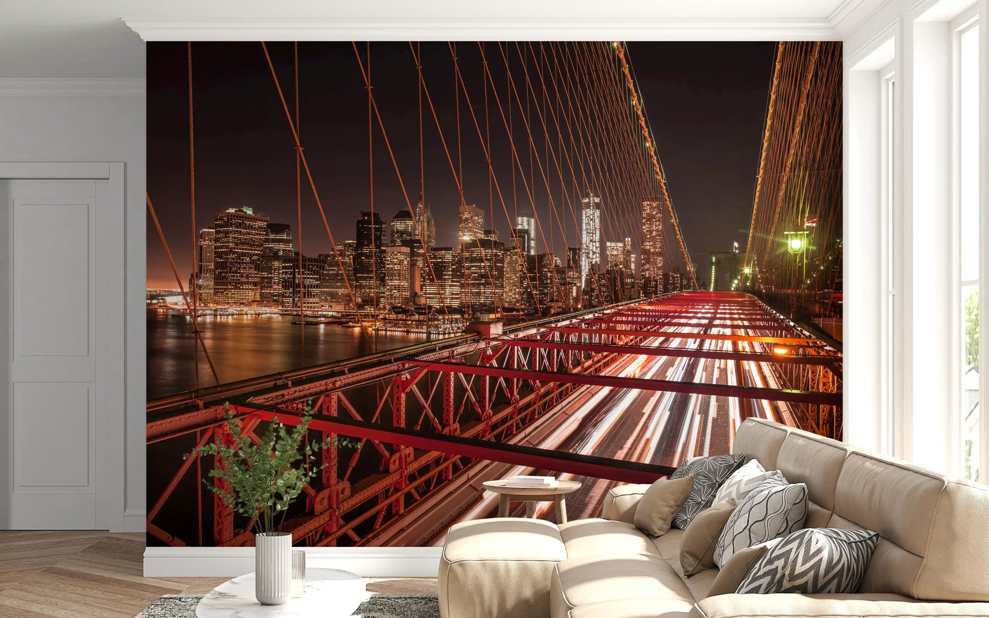 Thick metallic suspension cables angle downwards throughout a Night wall mural.