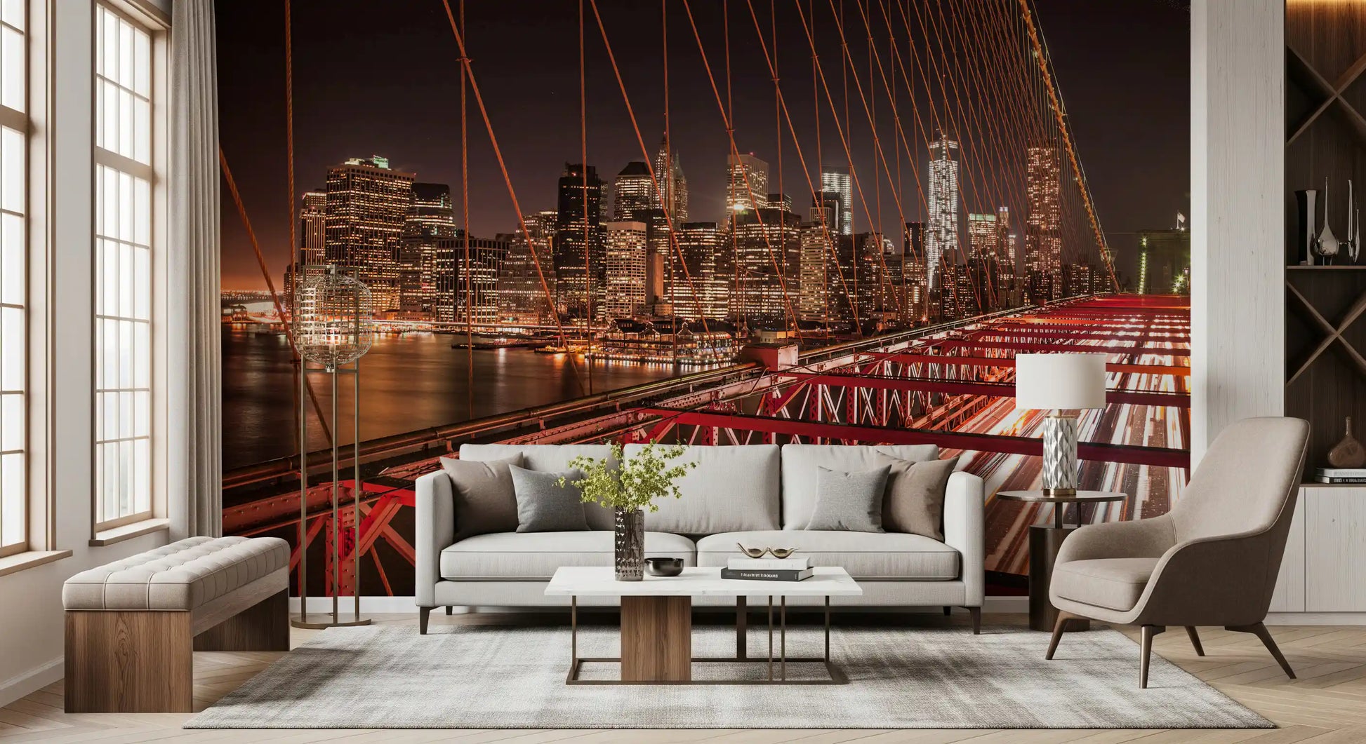 The City Pulse: Brooklyn Bridge at Night wall mural displays endless glowing traffic paths.