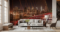 The City Pulse: Brooklyn Bridge at Night wall mural displays endless glowing traffic paths.