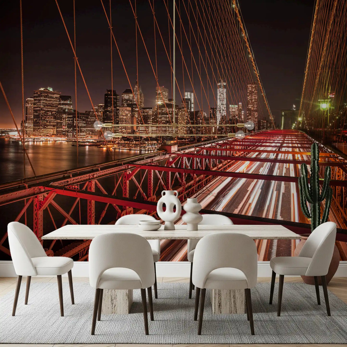 Illuminating a dining room is the City Pulse: Brooklyn Bridge at Night wall mural.