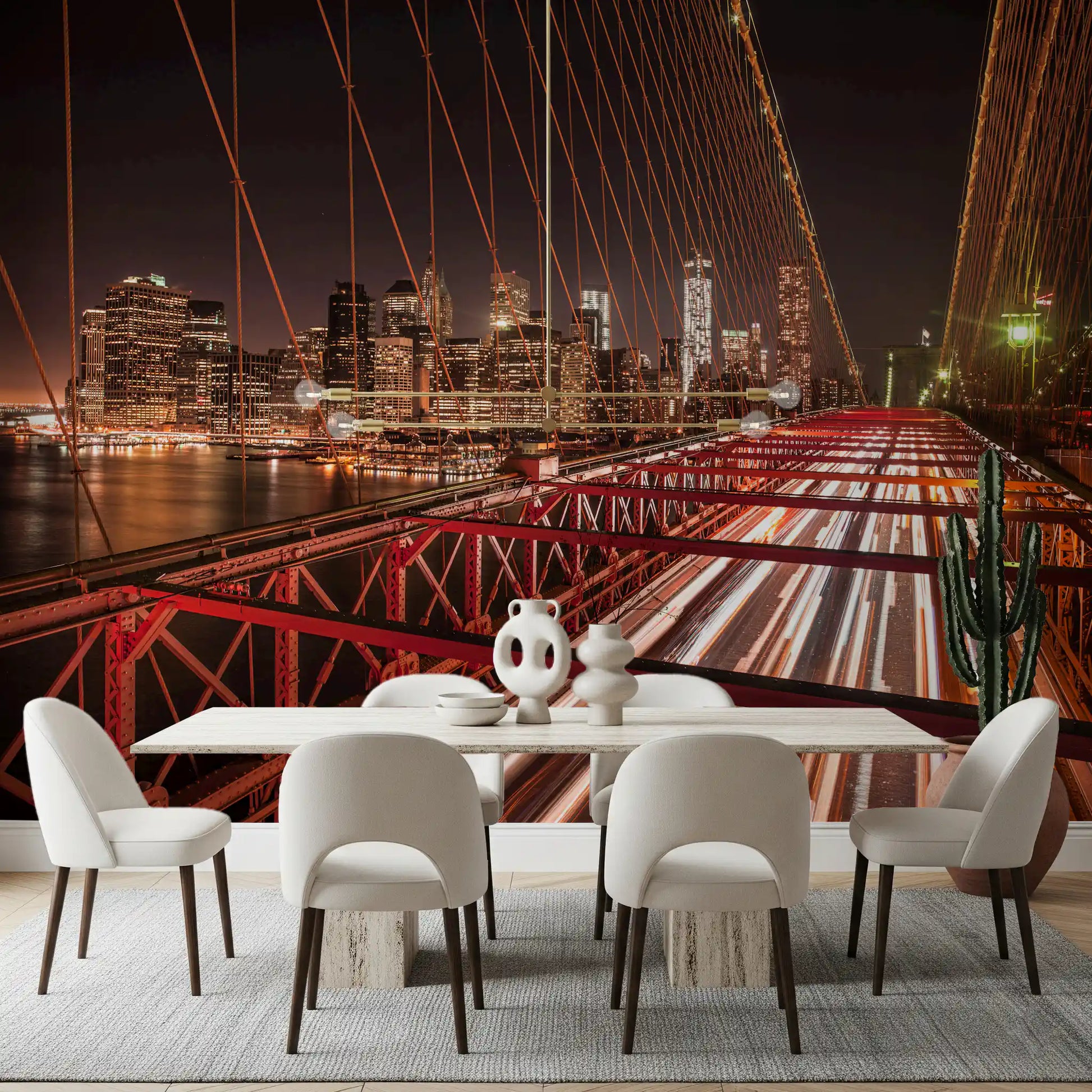 Illuminating a dining room is the City Pulse: Brooklyn Bridge at Night wall mural.