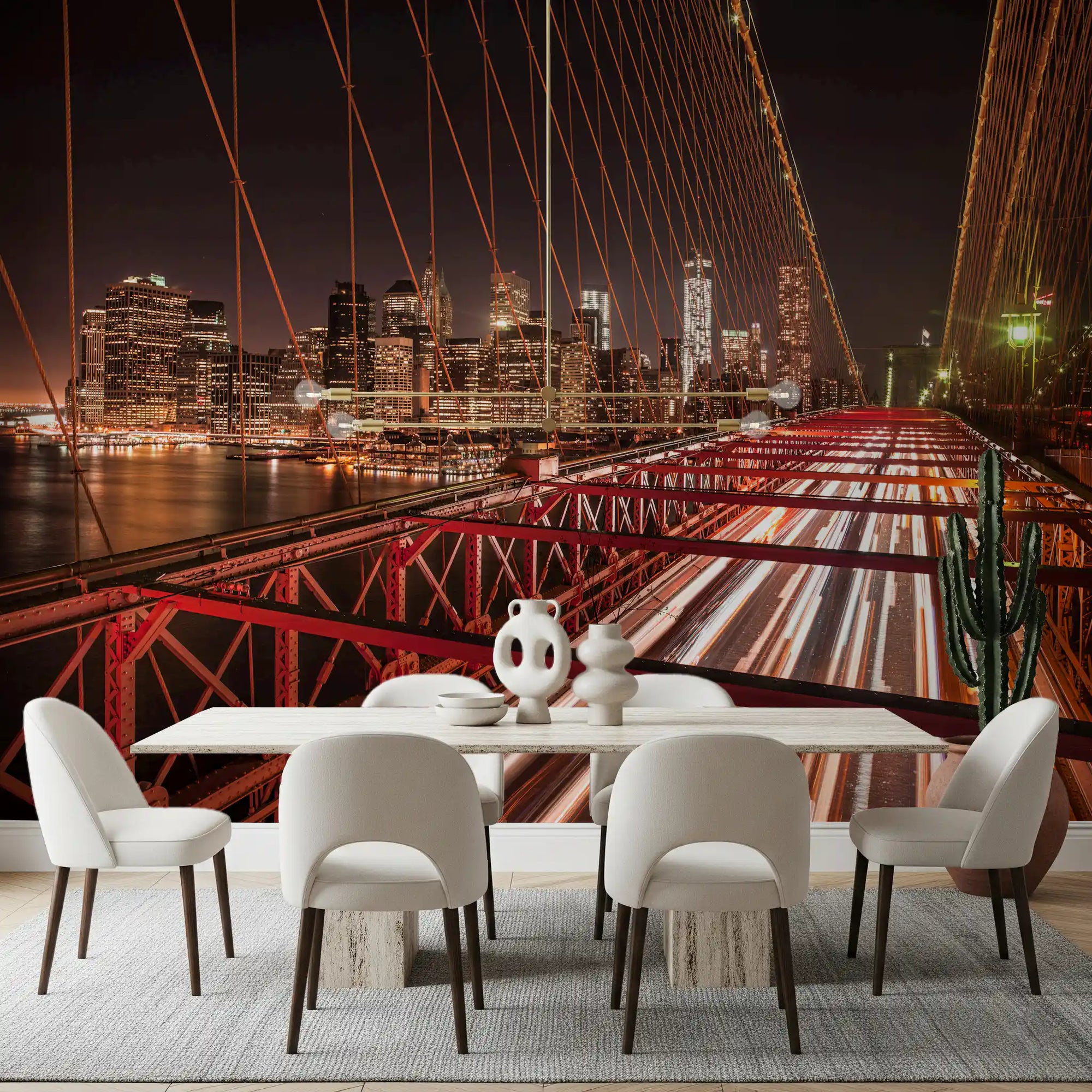 Illuminating a dining room is the City Pulse: Brooklyn Bridge at Night wall mural.