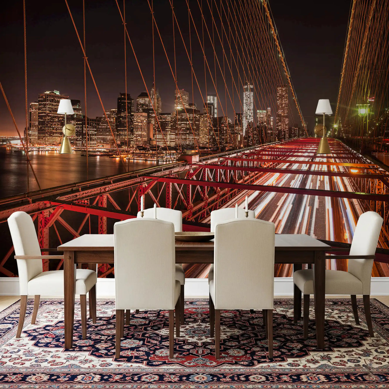 A Brooklyn wall mural creates a dramatic backdrop inside a modern Dining space.