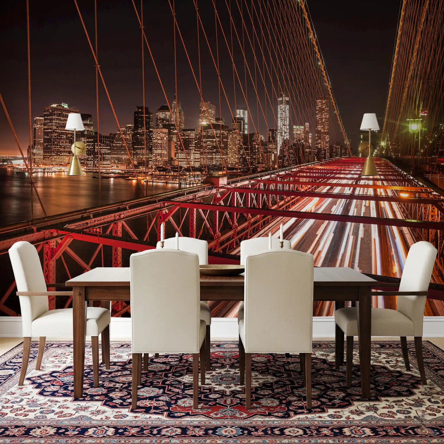A Brooklyn wall mural creates a dramatic backdrop inside a modern Dining space.