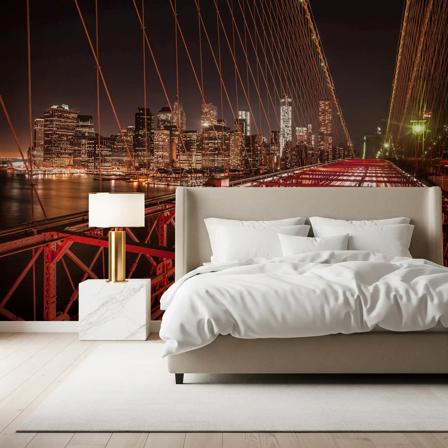 The large City Pulse: Brooklyn Bridge at Night wall mural stretches across a Bedroom 